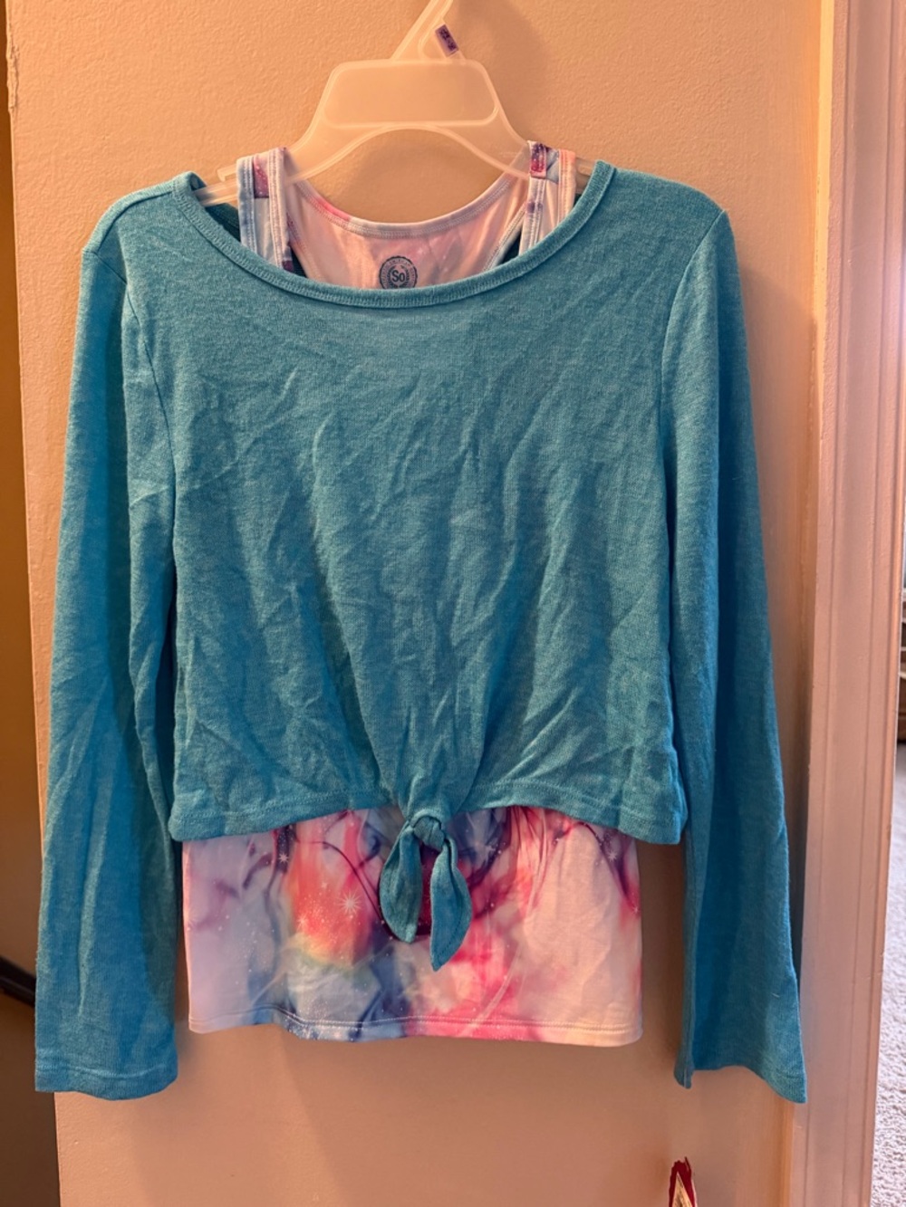 NWT GIRLS Aqua Tie-Front Layered Top with Pastel Tie-Dye Tank, 2 piece, size 10